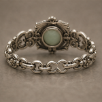 Victorian Style Silver Bracelet with Faceted Green Jade Cabochon - 图片 5