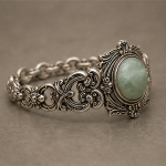 Victorian Style Silver Bracelet with Faceted Green Jade Cabochon - 图片 6