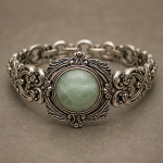 Victorian Style Silver Bracelet with Faceted Green Jade Cabochon - 图片 7