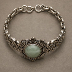 Victorian Style Silver Bracelet with Faceted Green Jade Cabochon - 图片 8