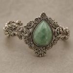 Pear-Shaped Green Jade Bracelet in Antiqued Silver Filigree - 图片 3