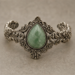 Pear-Shaped Green Jade Bracelet in Antiqued Silver Filigree - 图片 4