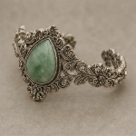 Pear-Shaped Green Jade Bracelet in Antiqued Silver Filigree - 图片 6
