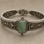 Emerald-Cut Green Jade Panel Bracelet in Antiqued Silver