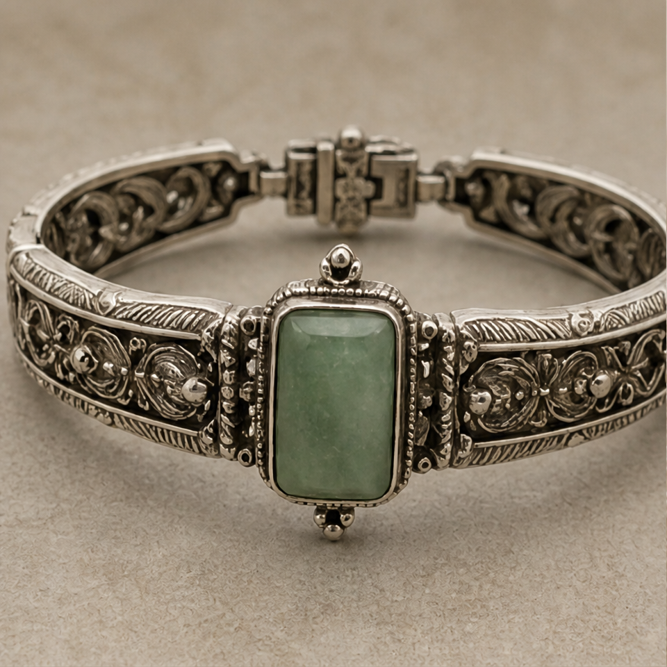1786599273_17c2d021-1 Emerald-Cut Green Jade Panel Bracelet in Antiqued Silver - 图片 1