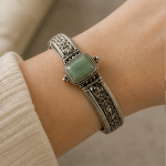 Emerald-Cut Green Jade Panel Bracelet in Antiqued Silver - 图片 2