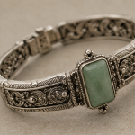 Emerald-Cut Green Jade Panel Bracelet in Antiqued Silver - 图片 3