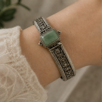 Emerald-Cut Green Jade Panel Bracelet in Antiqued Silver - 图片 6