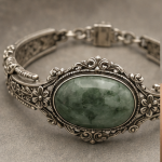 Large Oval Green Jade Bracelet in Antiqued Silver Filigree - 图片 3