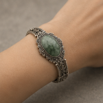 Large Oval Green Jade Bracelet in Antiqued Silver Filigree - 图片 2