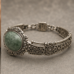 Large Oval Green Jade Bracelet in Antiqued Silver Filigree - 图片 4