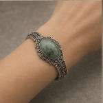 Large Oval Green Jade Bracelet in Antiqued Silver Filigree - 图片 6