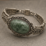 Large Oval Green Jade Bracelet in Antiqued Silver Filigree
