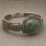 Large Oval Green Jade Bracelet in Antiqued Silver Filigree - 图片 7