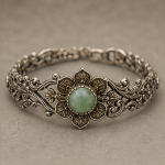 Floral Filigree Bracelet with Round Green Jade in Antiqued Silver