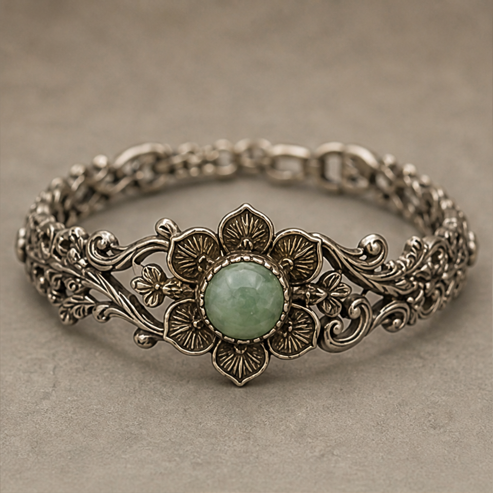 1786599291_fa5e09b6-2 Floral Filigree Bracelet with Round Green Jade in Antiqued Silver - 图片 1