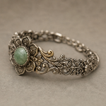 Floral Filigree Bracelet with Round Green Jade in Antiqued Silver - 图片 3