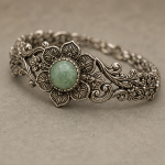 Floral Filigree Bracelet with Round Green Jade in Antiqued Silver - 图片 5