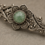 Floral Filigree Bracelet with Round Green Jade in Antiqued Silver - 图片 7