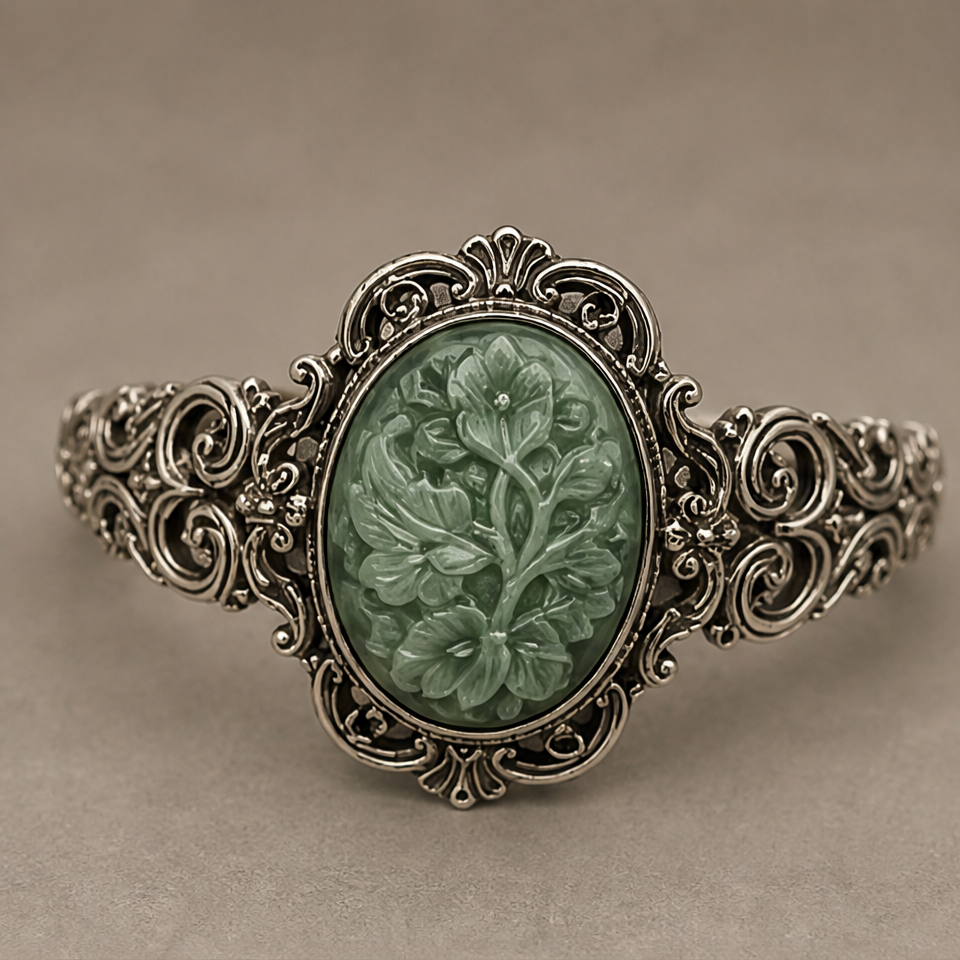 1786599316_8e530e17-1 Carved Oval Green Jade Bracelet in Antiqued Silver - 图片 1