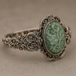 Carved Oval Green Jade Bracelet in Antiqued Silver - 图片 5