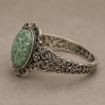 Carved Oval Green Jade Bracelet in Antiqued Silver - 图片 6