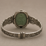 Carved Oval Green Jade Bracelet in Antiqued Silver - 图片 7