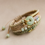 Woven Cord Bracelet with Green Jade Donut and Gold Beads