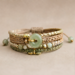 Woven Cord Bracelet with Green Jade Donut and Gold Beads - Image 2