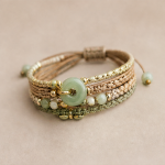 Woven Cord Bracelet with Green Jade Donut and Gold Beads - Image 4