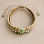 Woven Cord Bracelet with Green Jade Donut and Gold Beads - Image 5