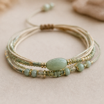 Ivory Cord Wrap Bracelet with Oval Green Jade Bead