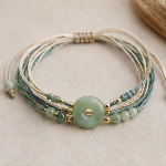 Teal Cord Multi-Strand Bracelet with Green Jade Donut - Image 9