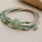 Teal Cord Multi-Strand Bracelet with Green Jade Donut - Image 8