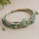 Teal Cord Multi-Strand Bracelet with Green Jade Donut - Image 7