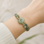 Teal Cord Multi-Strand Bracelet with Green Jade Donut - Image 2