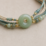 Teal Cord Multi-Strand Bracelet with Green Jade Donut - Image 3