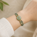 Teal Cord Multi-Strand Bracelet with Green Jade Donut - Image 4