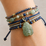 Navy Cord Wrap Bracelet with Carved Green Jade Pendant - Image 2
