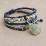 Navy Cord Wrap Bracelet with Carved Green Jade Pendant