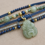 Navy Cord Wrap Bracelet with Carved Green Jade Pendant - Image 4