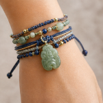 Navy Cord Wrap Bracelet with Carved Green Jade Pendant - Image 6