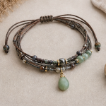 Brown Cord Wrap Bracelet with Green Jade Teardrop