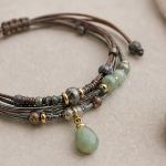 Brown Cord Wrap Bracelet with Green Jade Teardrop - 图片 6
