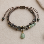Brown Cord Wrap Bracelet with Green Jade Teardrop - 图片 3
