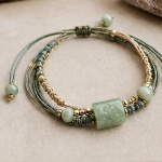 Sage Cord Bracelet with Carved Green Jade Tube Bead