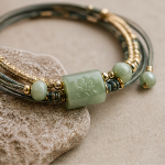Sage Cord Bracelet with Carved Green Jade Tube Bead - Image 2