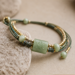 Sage Cord Bracelet with Carved Green Jade Tube Bead - Image 4