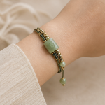 Sage Cord Bracelet with Carved Green Jade Tube Bead - Image 6