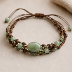 Braided Brown Cord Bracelet with Oval Green Jade Cabochon